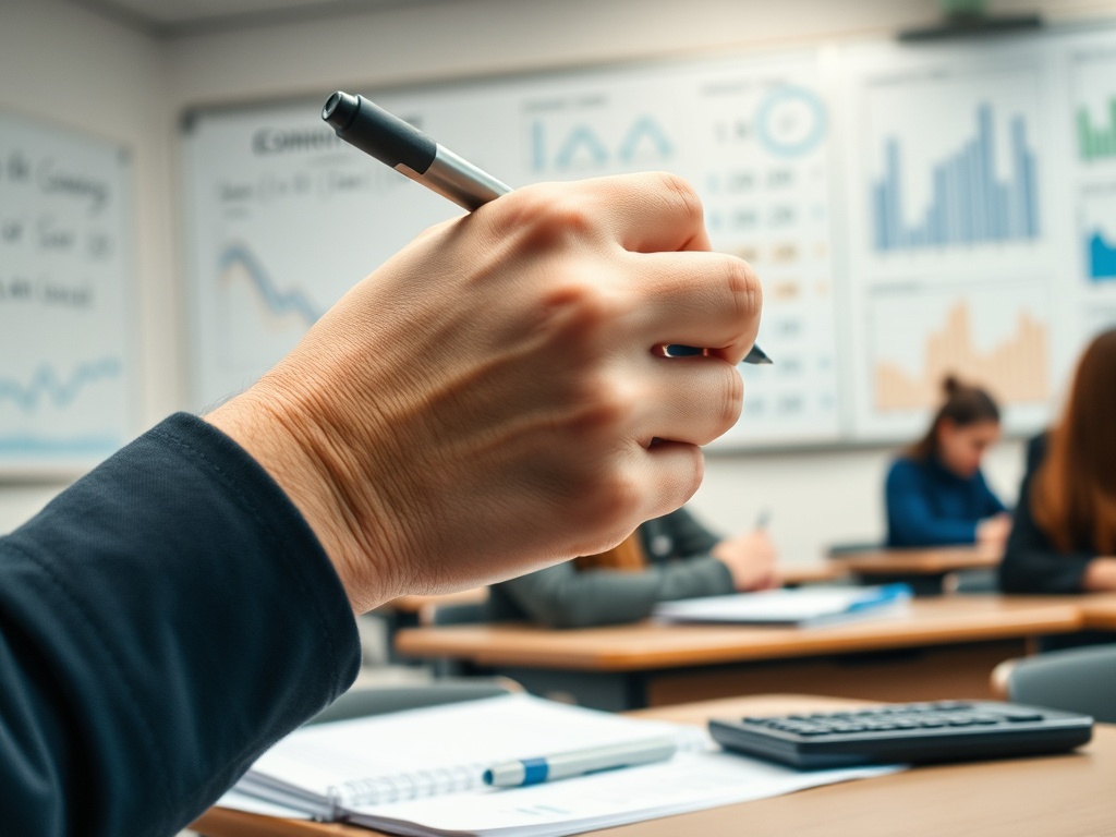 Рука с ручкой в классе, ученики за партами и графики на стенах. Письмо и учебная обстановка.