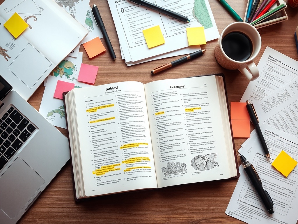 Стол с открытой книгой по географии, заметками, чашкой кофе и канцелярскими принадлежностями.