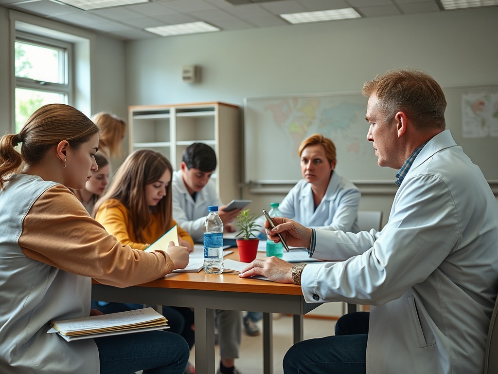 Группа студентов и преподавателей обсуждает учебные материалы в комнате с большим столом.