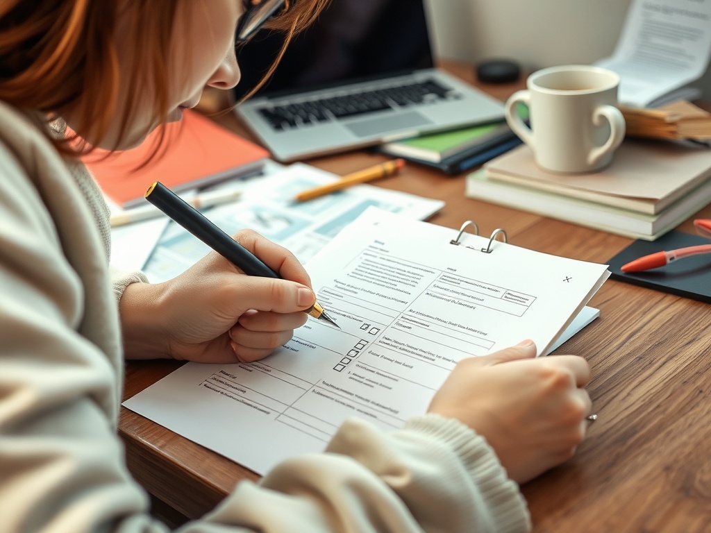 Женщина заполняет анкету на деревянном столе, рядом с ней ноутбук и чашка с кофе.