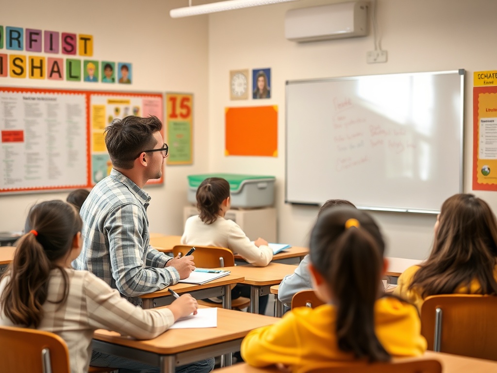 В классе ученики слушают учителя, который объясняет урок на доске. Обстановка учебная и дружелюбная.