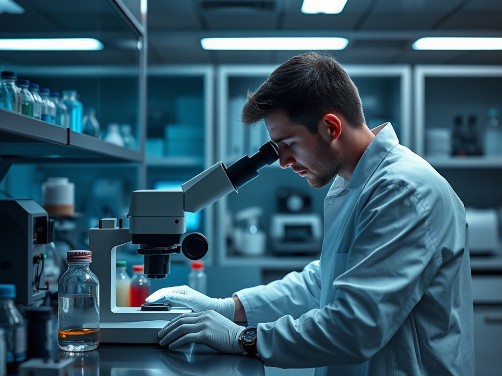Молодой ученый в лаборатории исследует образец под микроскопом, окруженный стеклянными емкостями.