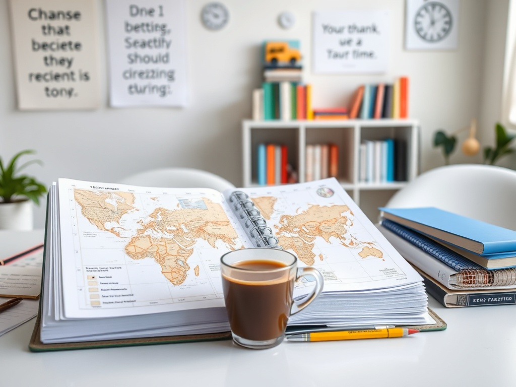 На столе открытая книга с картами мира, чашка кофе и несколько тетрадей. Вокруг уютная учебная атмосфера.