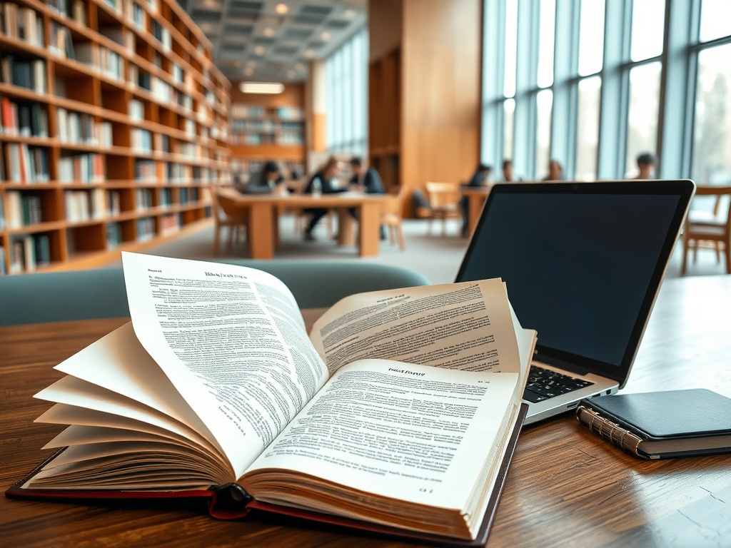 На столе открытая книга рядом с ноутбуком, на фоне библиотеки с читателями и полками с книгами.