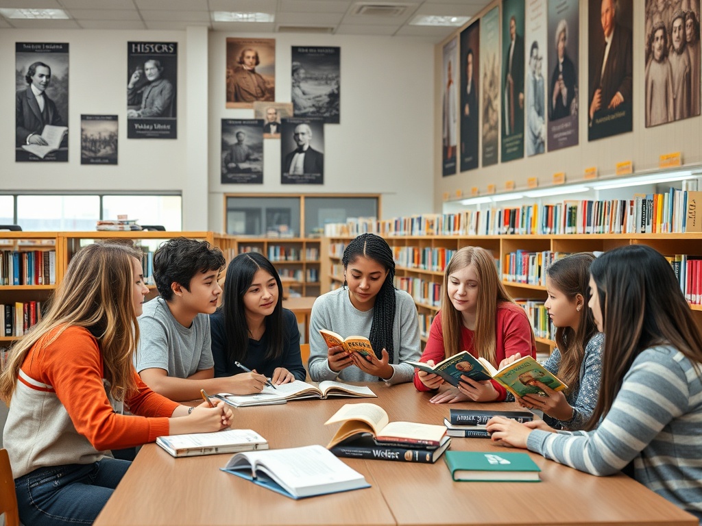 Группа подростков читает книги в библиотеке, обсуждая их за столом среди стеллажей с книгами.