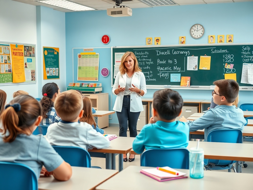 Учитель объясняет материал группе учеников в классе с доской и наглядными материалами.