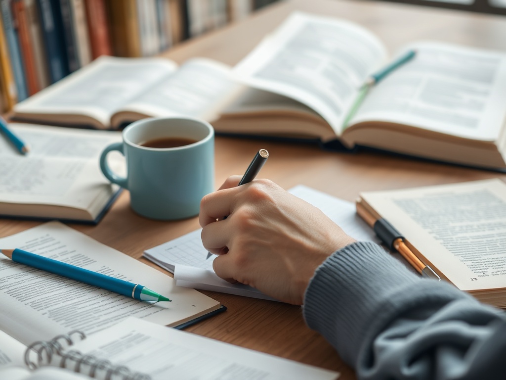 На столе лежат книги, ручки и чашка с кофе. Человек пишет заметки на листе бумаги.