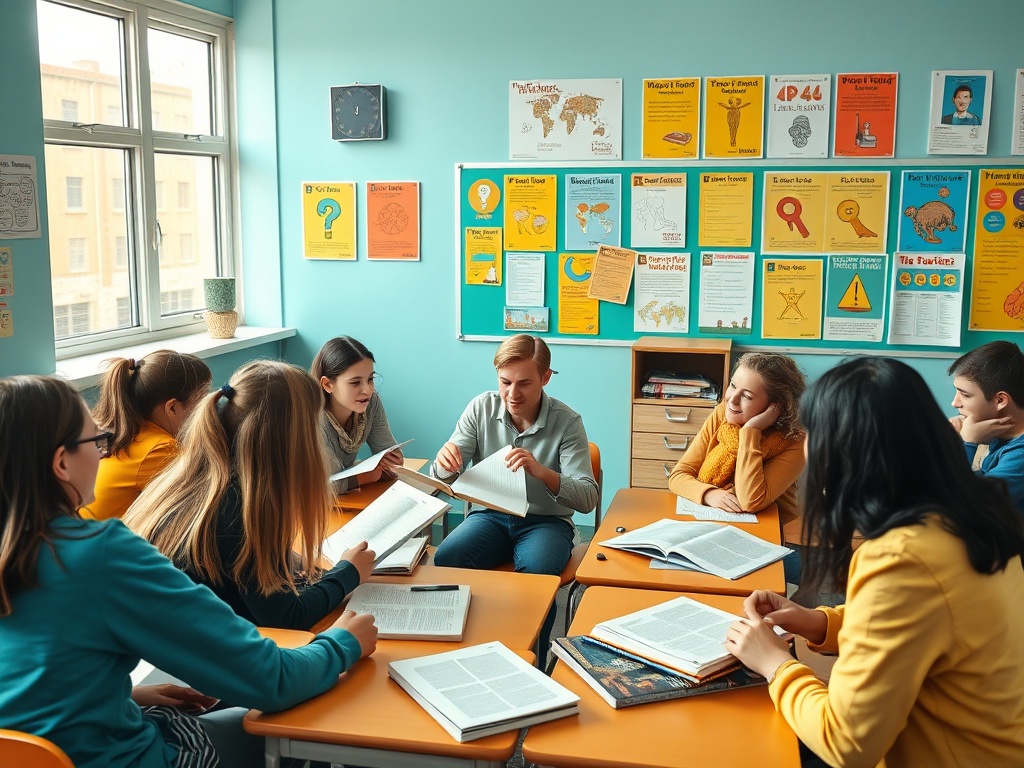 Группа школьников обсуждает материалы на уроке в ярком классе с цветными стенами и постерами.