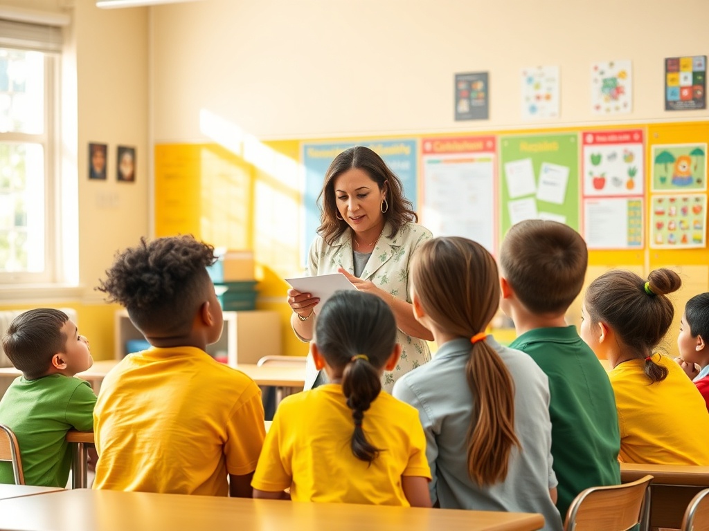 Учительница читает детям в классе, они внимательно слушают, окружены colorful учебными материалами.