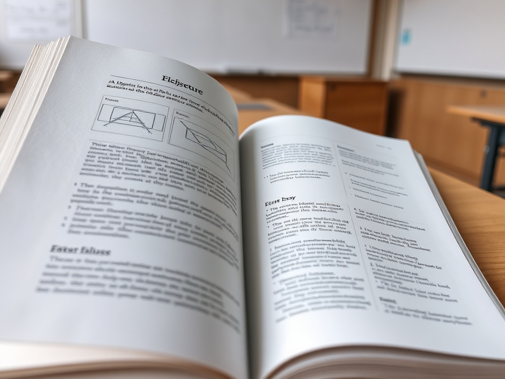 Открытая книга с текстом и иллюстрациями на столе в классе, размытый фон.