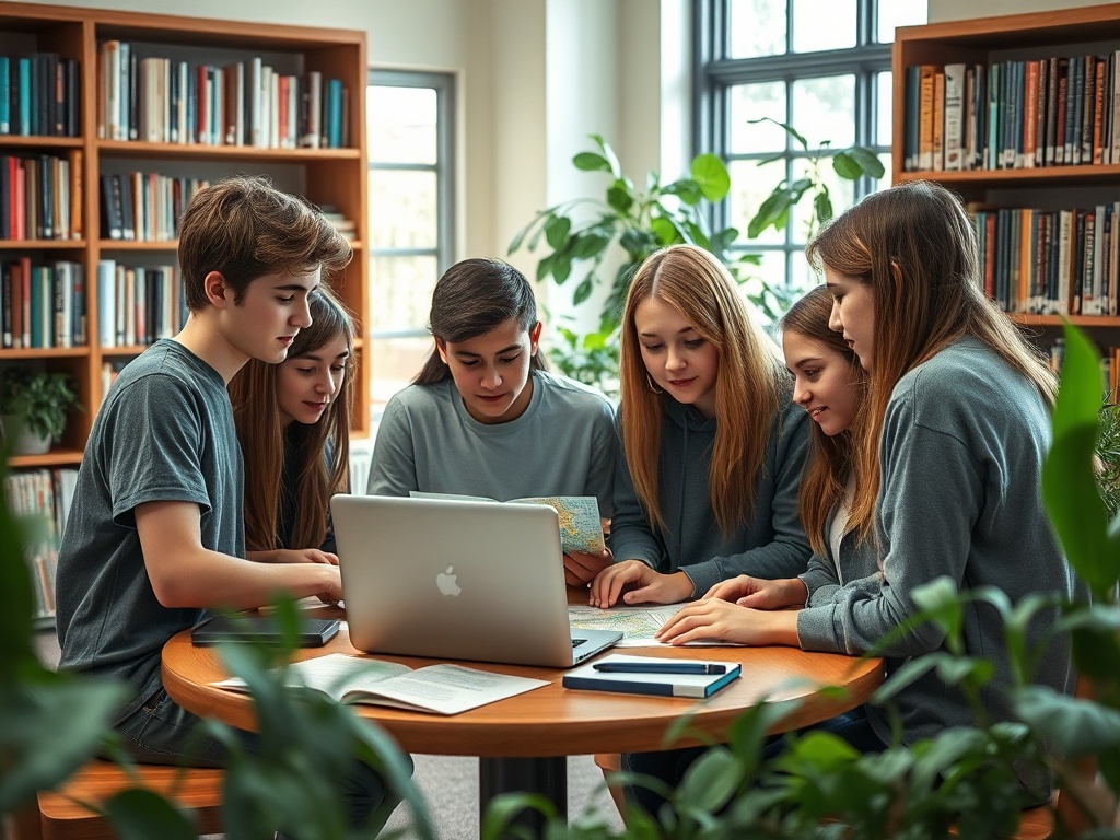 Шестеро подростков за компьютером в библиотеке, обсуждают проект и смотрят на карту. Студенческая атмосфера.
