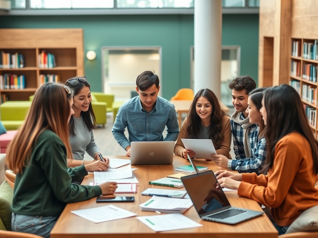 Группа студентов обсуждает учебные материалы за столом в библиотеке, окруженная книгами и ноутбуками.